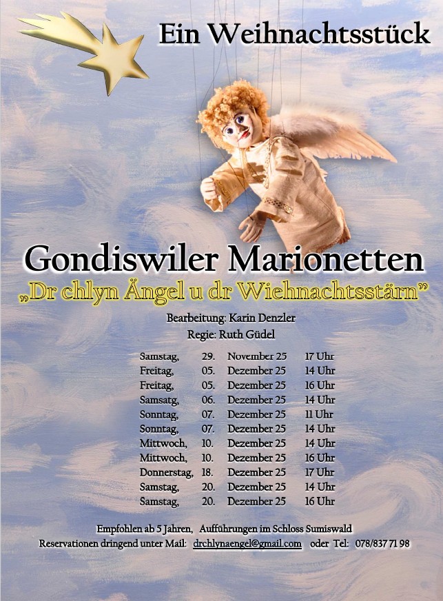 Flyer dr chlyn Ängel Flyer für die Gondiswiler Marionetten Weihnachtsaufführung im Schloss Sumiswald.
